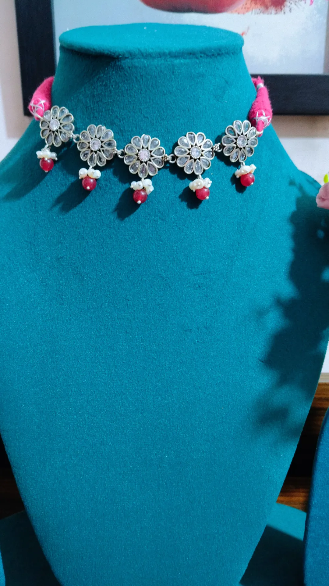 Anura Floral Ruby Silver Necklace