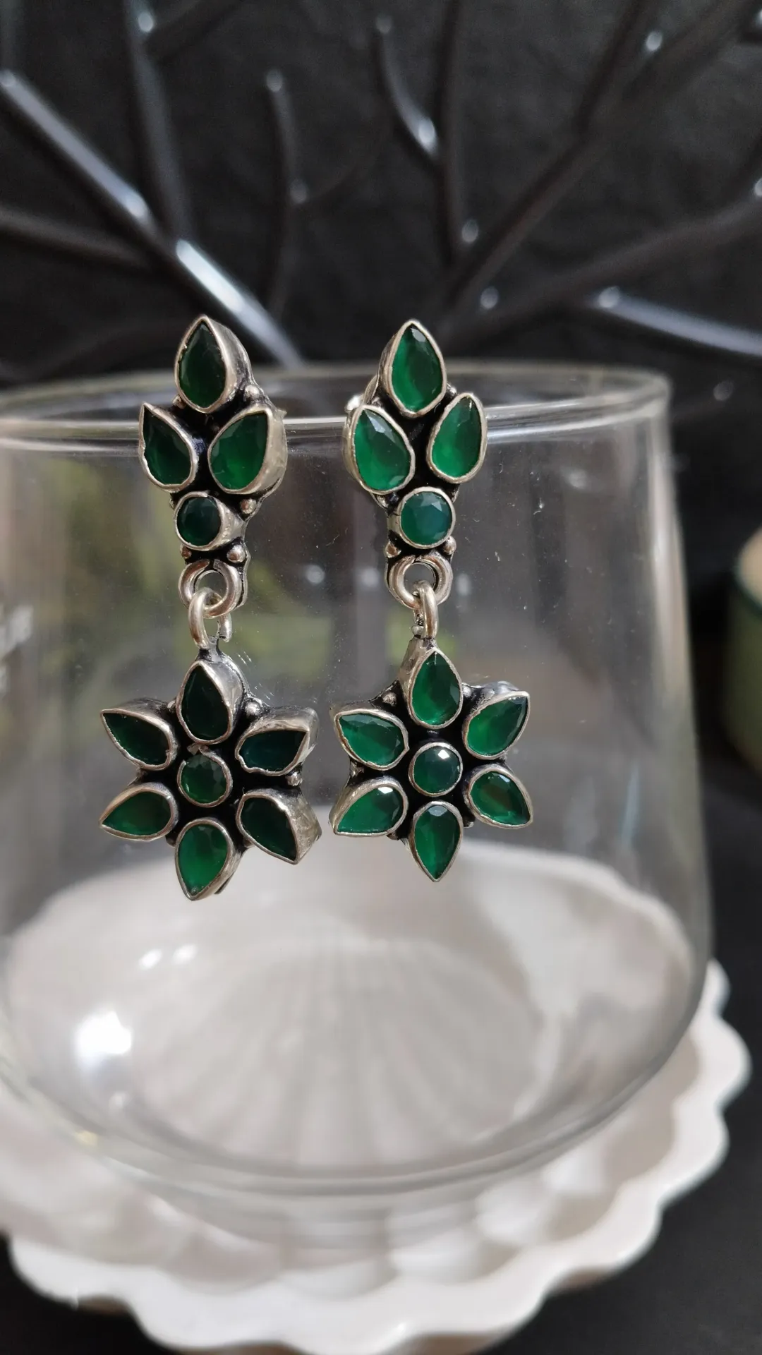 Emerald Bloom silver drop earrings
